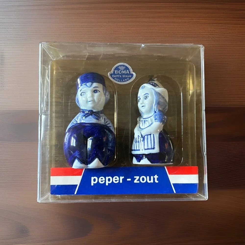 Vintage Holland BOMA Blue Delft Boy and Girl Salt & Pepper Shakers in Box New